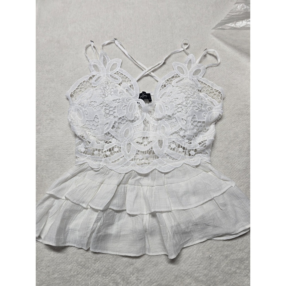 Milk & Honey White Lace Camisole Crop Top M Smocked Back Ruffle Tiered Bohemian